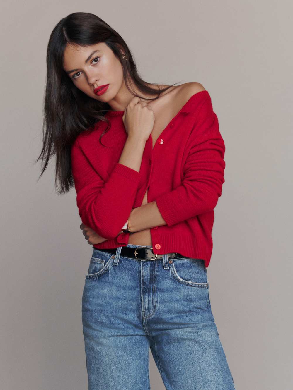 Reformation Clara Cashmere Crew Cardigan - Cherry