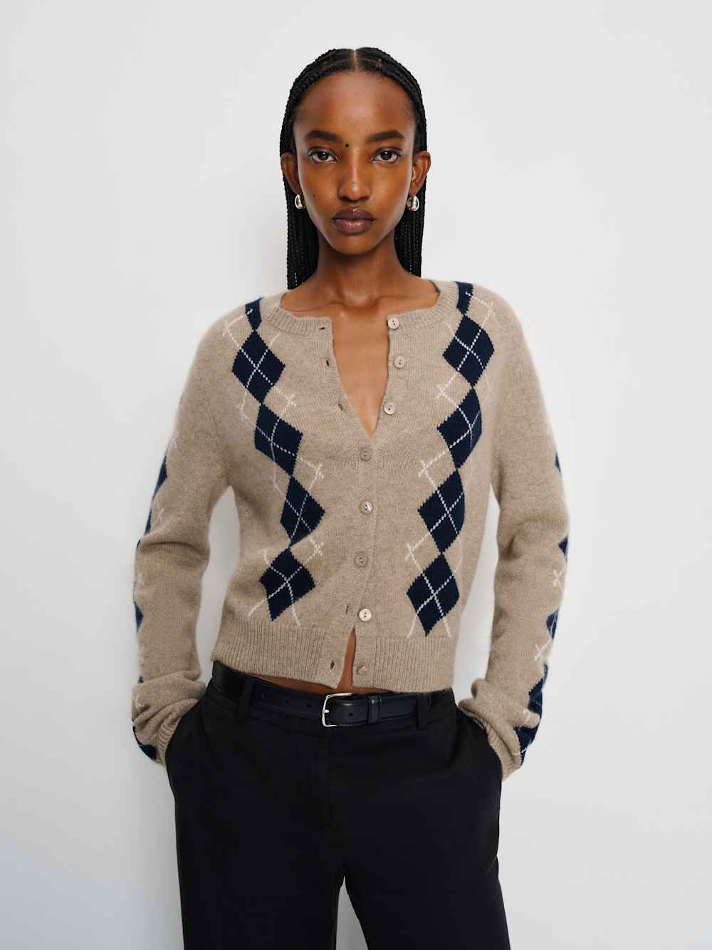 Reformation Clara Cashmere Crew Cardigan - Oatmeal Navy Argyle
