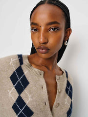 Reformation Clara Cashmere Crew Cardigan - Oatmeal Navy Argyle