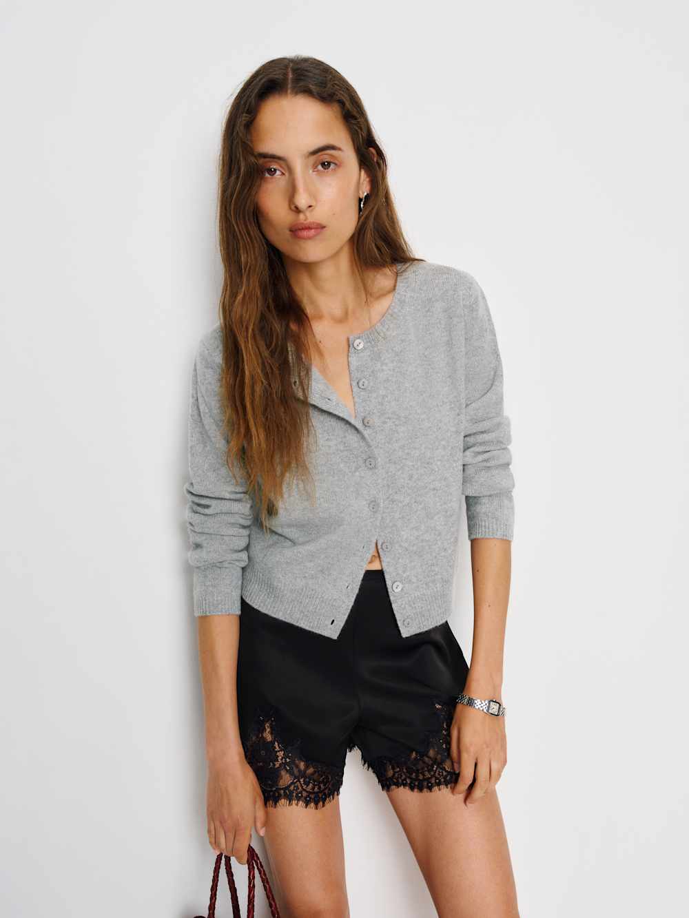 Reformation Clara Cashmere Crew Cardigan - Granite