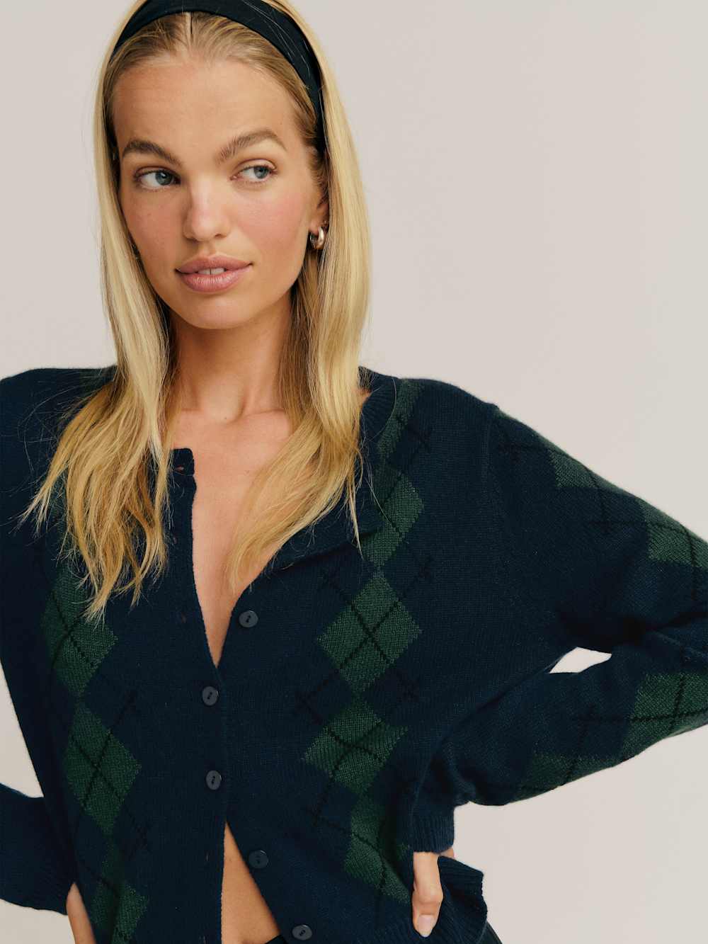 Reformation Clara Cashmere Crew Cardigan - Navy Multi Argyle