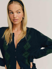 Reformation Clara Cashmere Crew Cardigan - Navy Multi Argyle