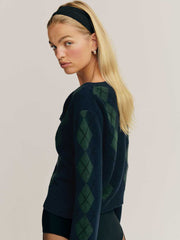 Reformation Clara Cashmere Crew Cardigan - Navy Multi Argyle