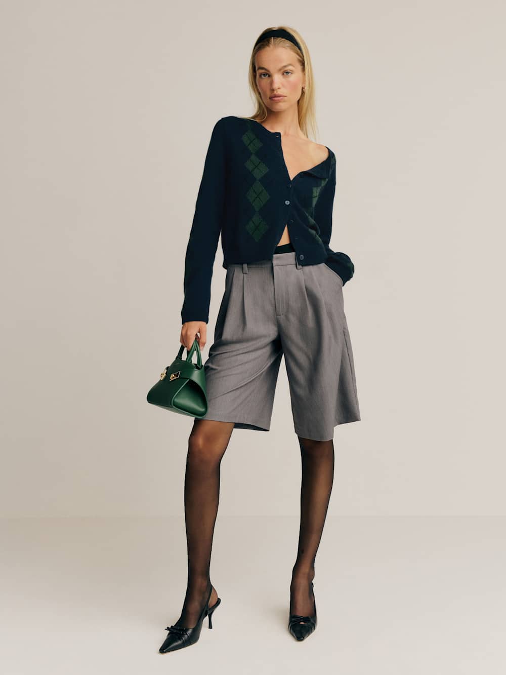 Reformation Clara Cashmere Crew Cardigan - Navy Multi Argyle