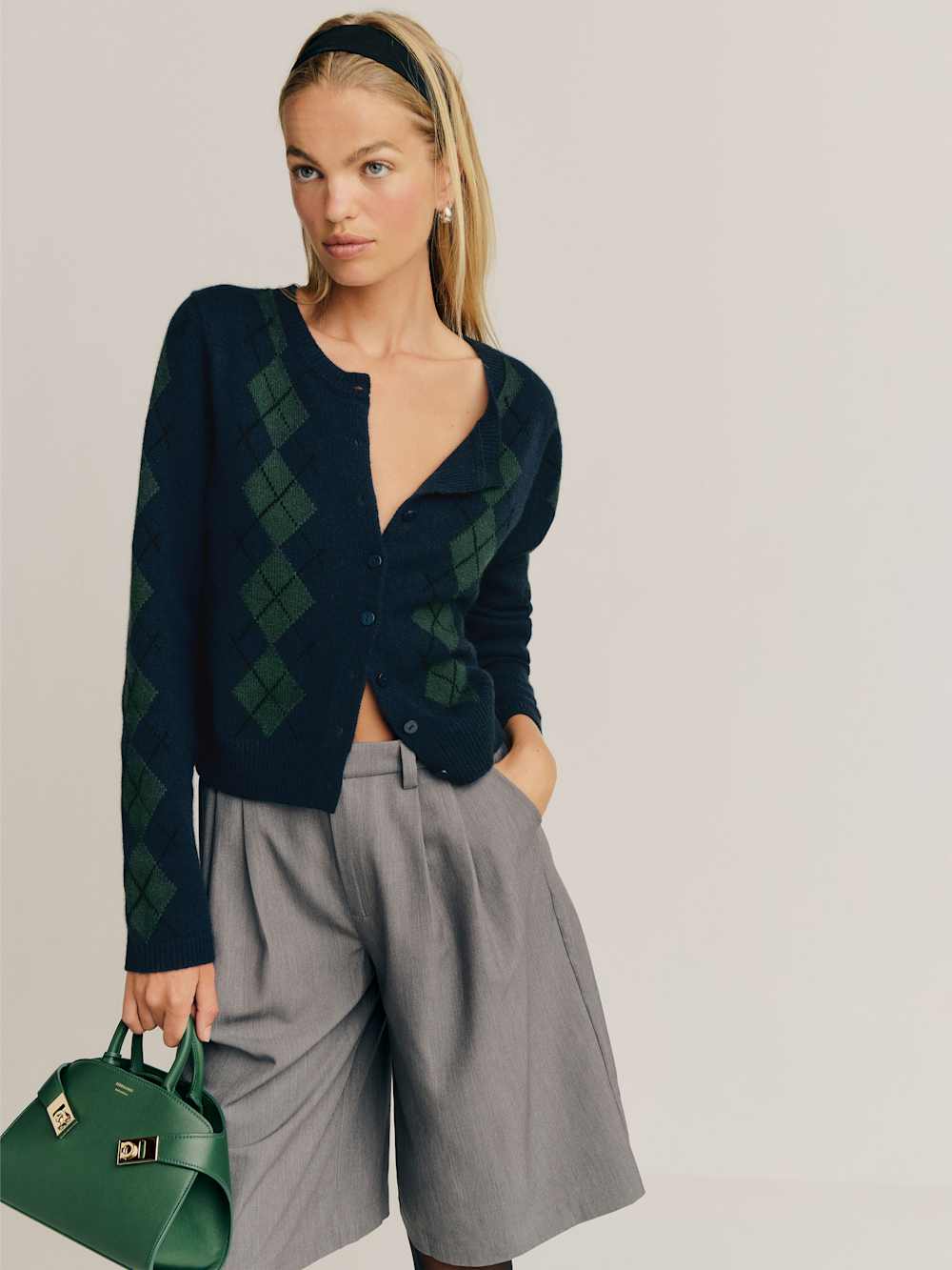 Reformation Clara Cashmere Crew Cardigan - Navy Multi Argyle