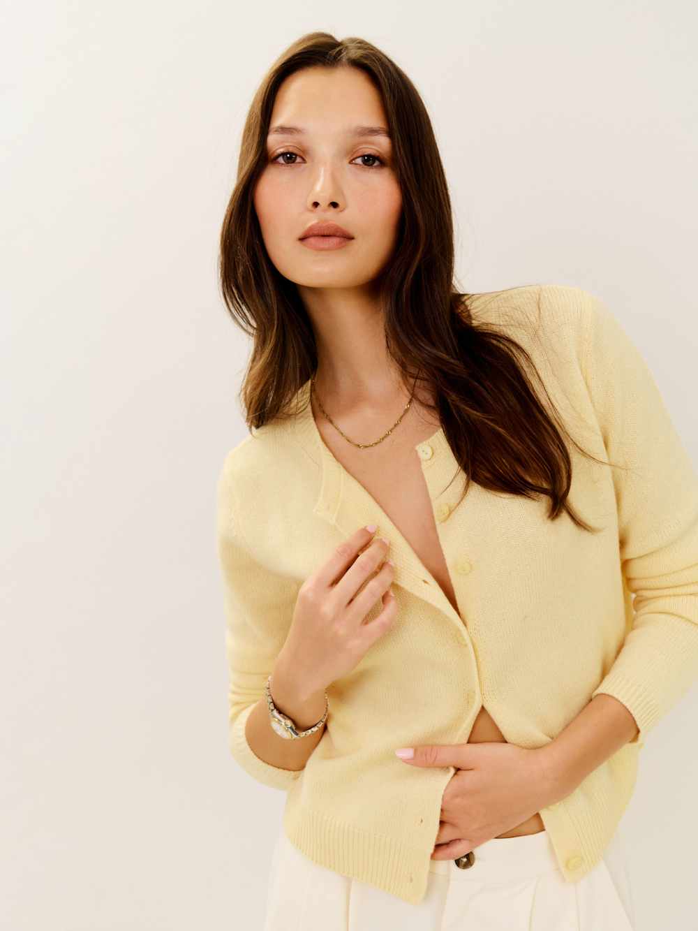 Reformation Clara Cashmere Crew Cardigan - Parmesan