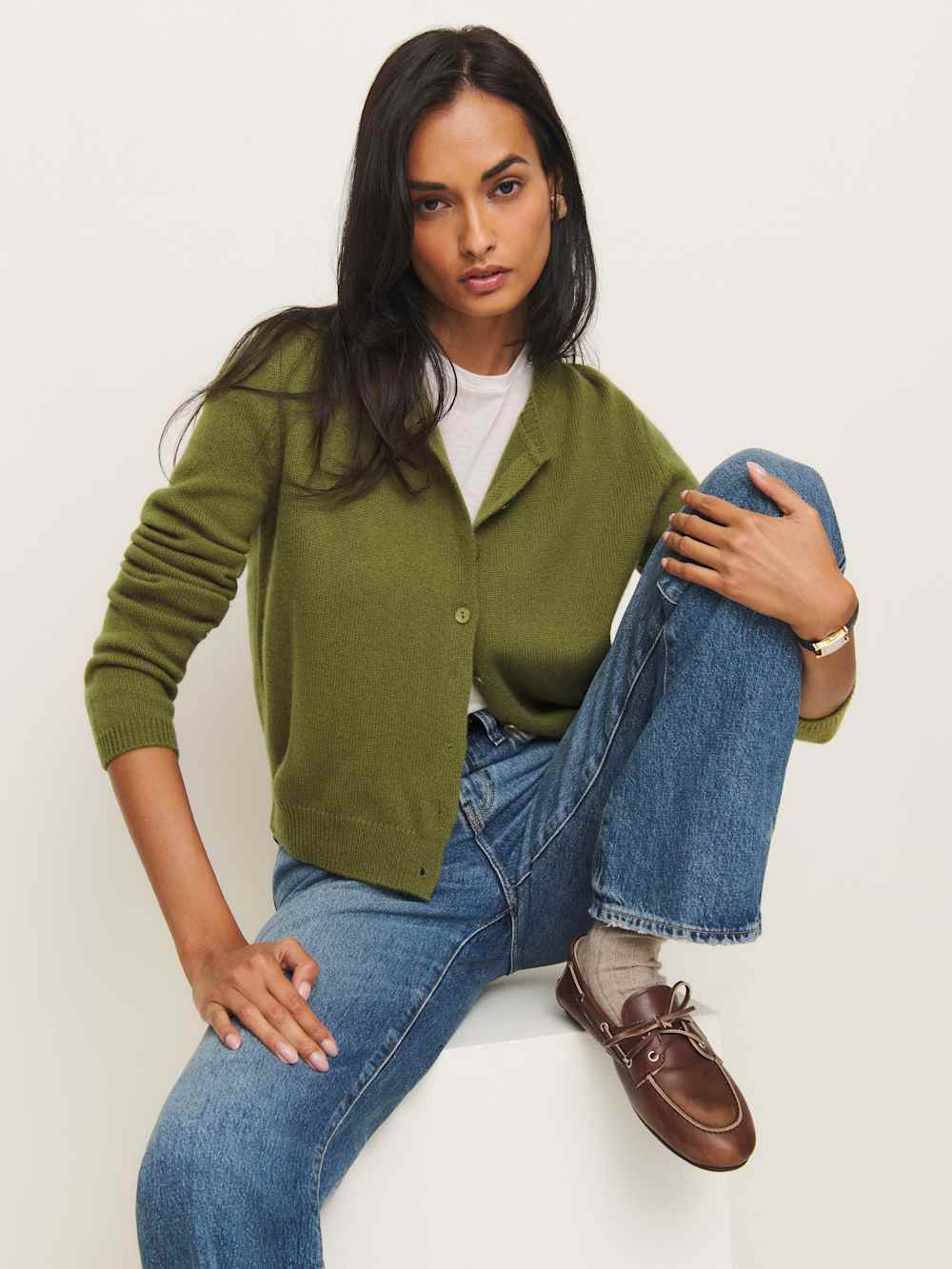 Reformation Clara Cashmere Crew Cardigan - Pear