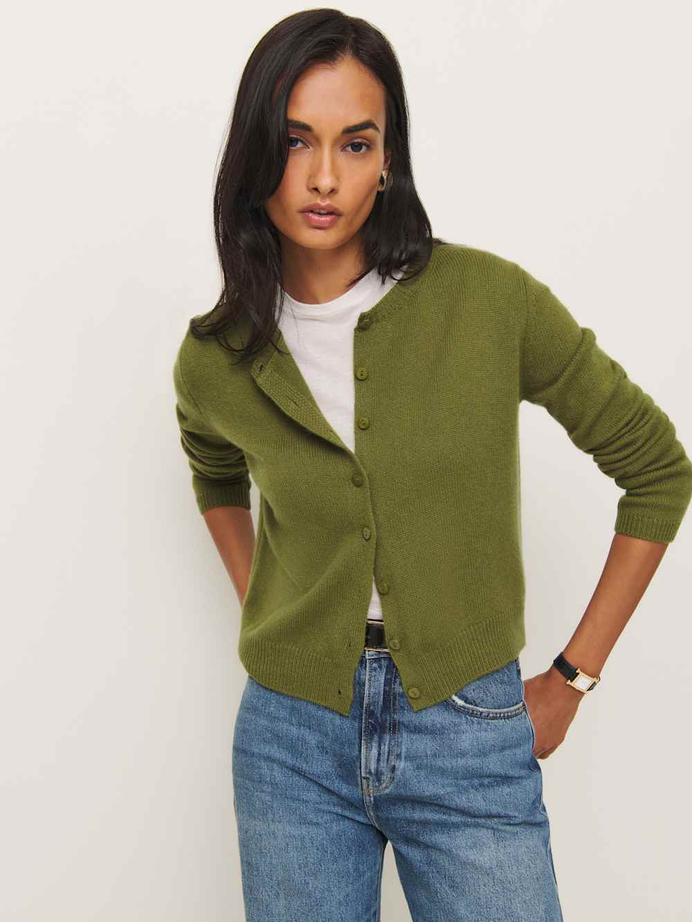 Reformation Clara Cashmere Crew Cardigan - Pear