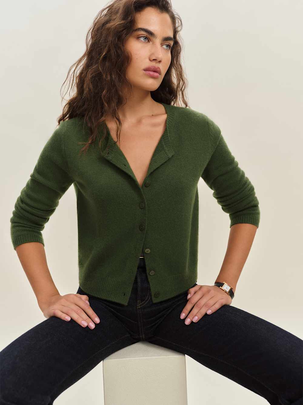 Reformation Clara Cashmere Crew Cardigan - Grass