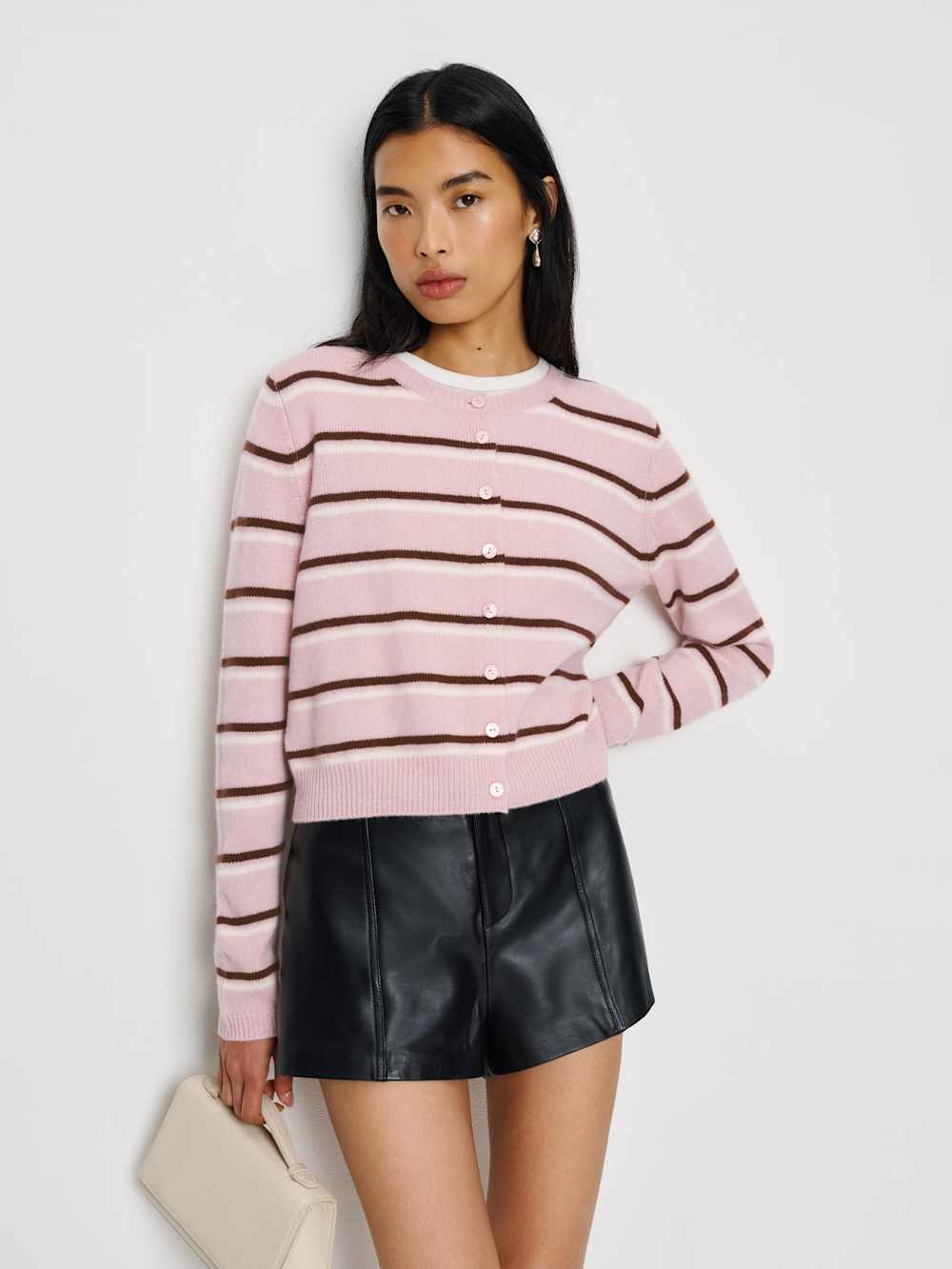 Reformation Clara Cashmere Crew Cardigan - Cherry Blossom Stripe