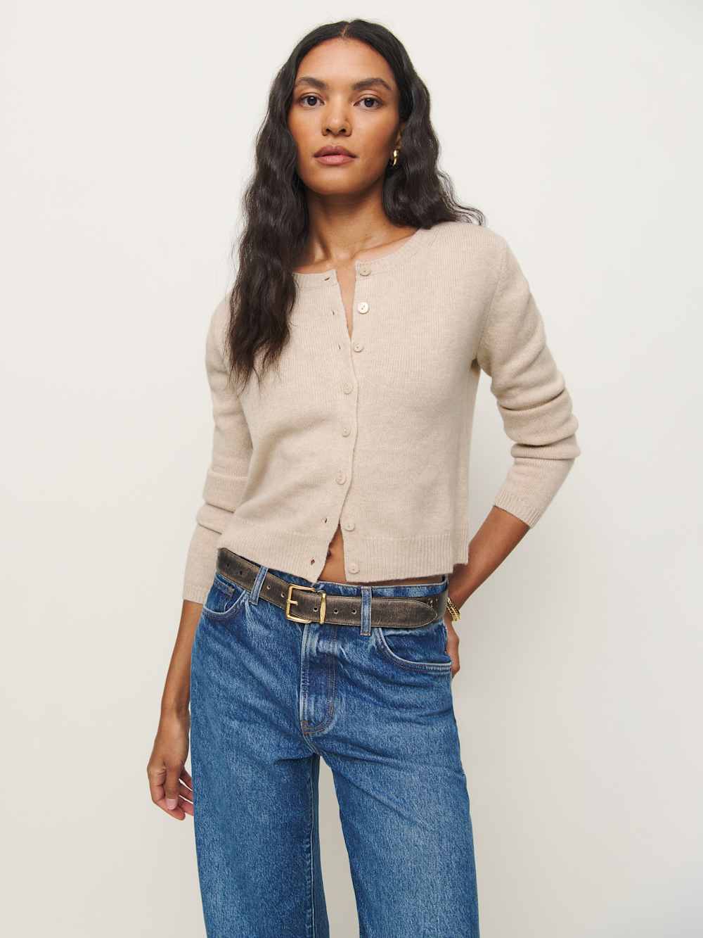 Reformation Clara Cashmere Crew Cardigan - Wheat