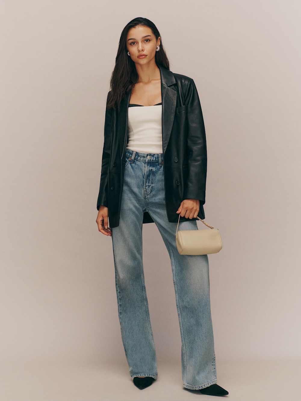Reformation Veda Dalia Relaxed Leather Blazer - Black