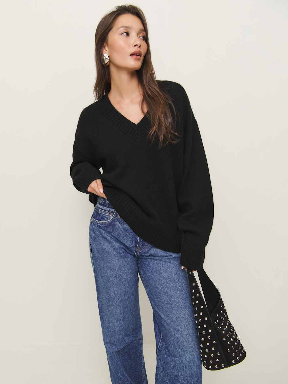 Reformation Jadey Cashmere Oversized V-neck Sweater - Black
