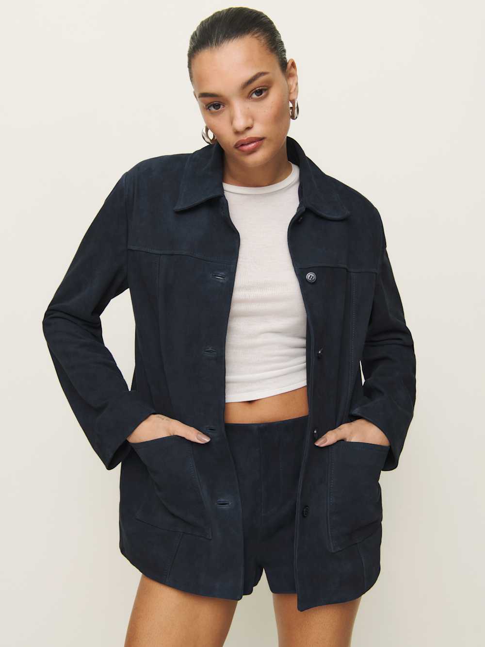 Reformation Veda Lincoln Suede Shirt Jacket - Navy Suede