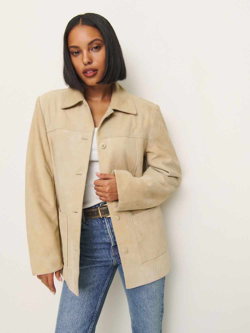Reformation Veda Lincoln Suede Shirt Jacket - Oat Distressed