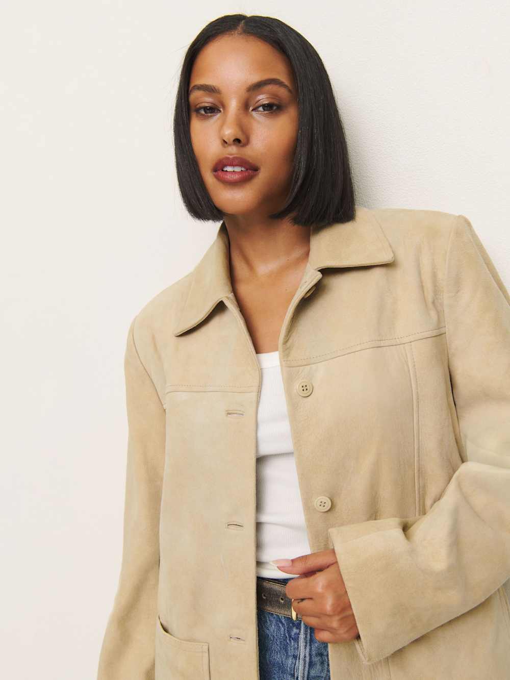 Reformation Veda Lincoln Suede Shirt Jacket - Oat Distressed
