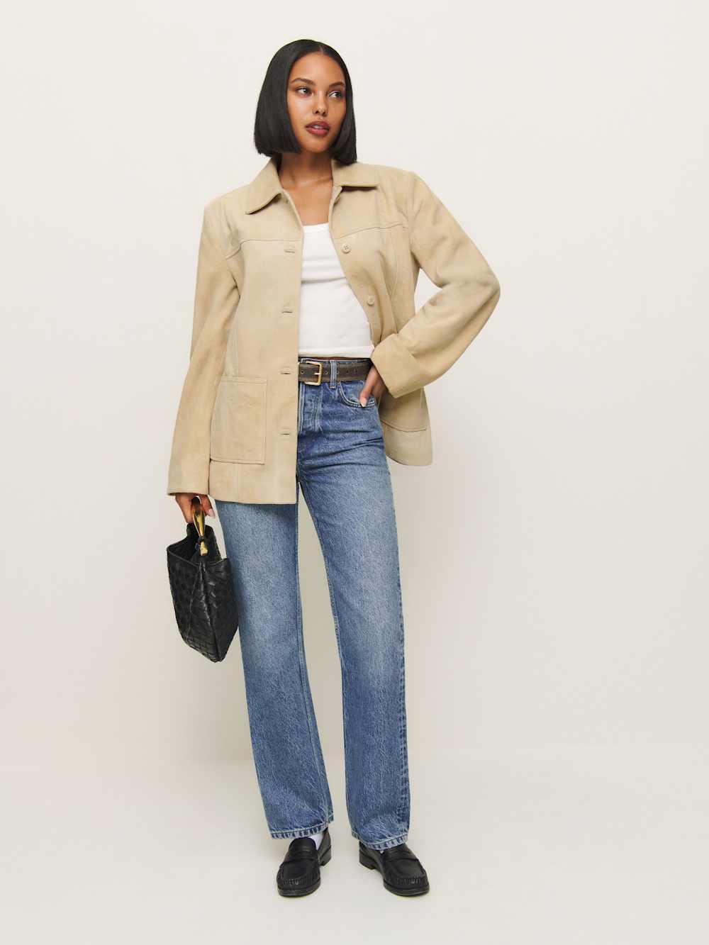 Reformation Veda Lincoln Suede Shirt Jacket - Oat Distressed