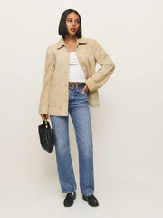 Reformation Veda Lincoln Suede Shirt Jacket - Oat Distressed