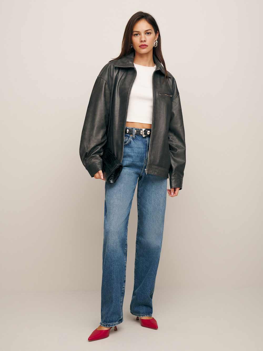 Reformation Veda Marco Leather Oversized Bomber - Highway