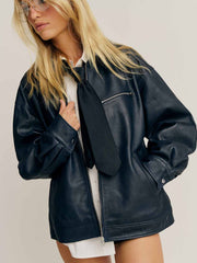 Reformation Veda Marco Leather Oversized Bomber - Navy