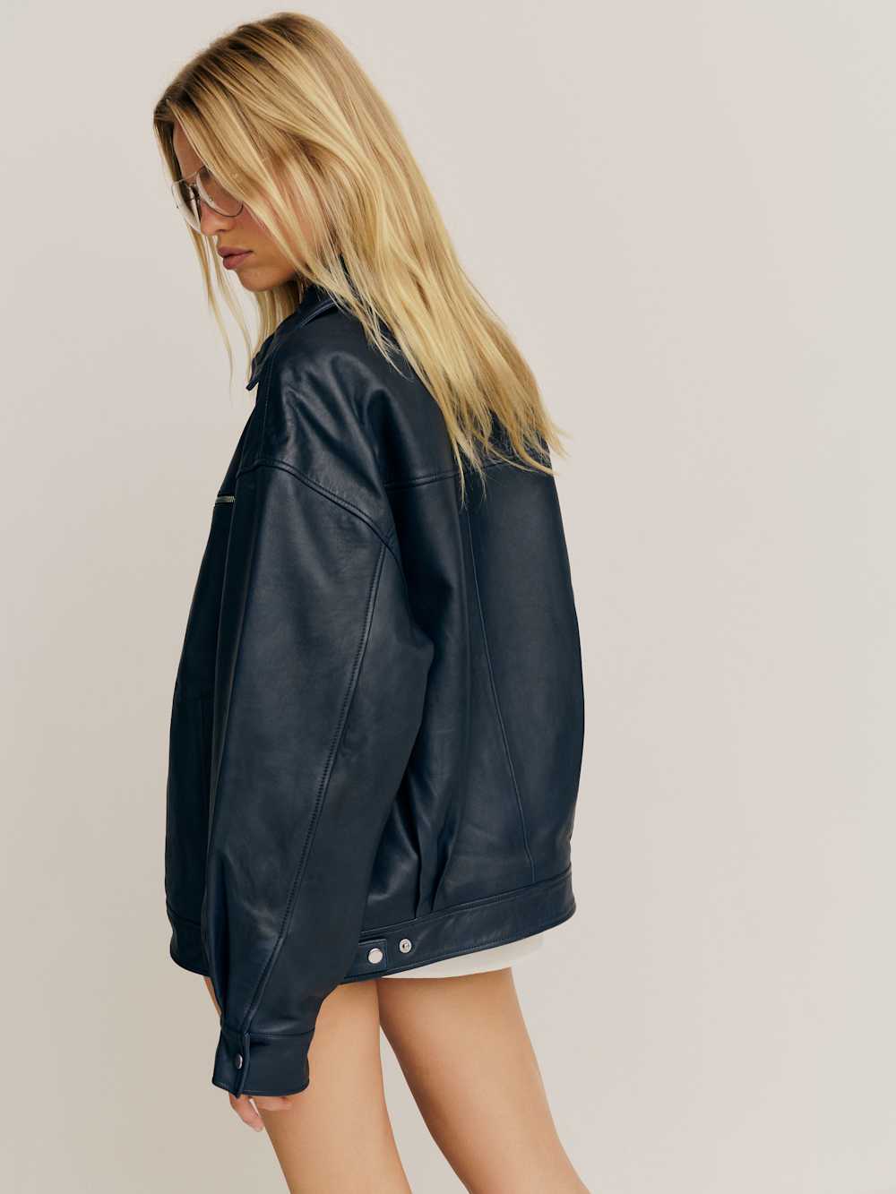 Reformation Veda Marco Leather Oversized Bomber - Navy