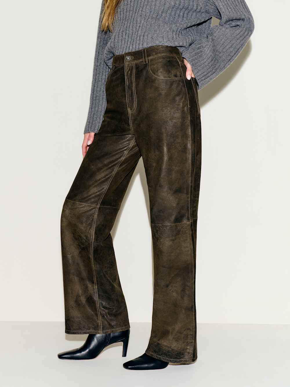 Reformation Veda Kennedy Wide Leg Leather Pant - Dark Olive