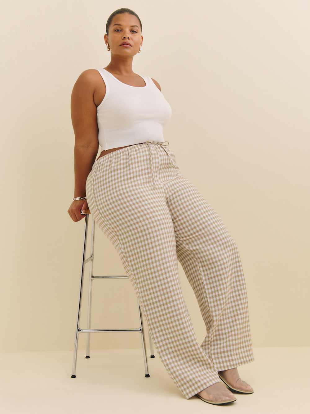 Reformation Olina Linen Pant Es - Dunes Check