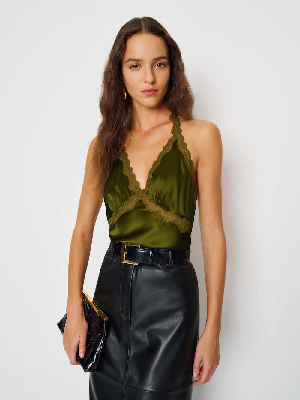 Reformation Monica Silk Top - Moss Garden