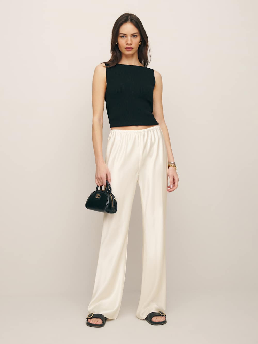 Reformation Petites Gale Satin Mid Rise Bias Pant - Fior Di Latte