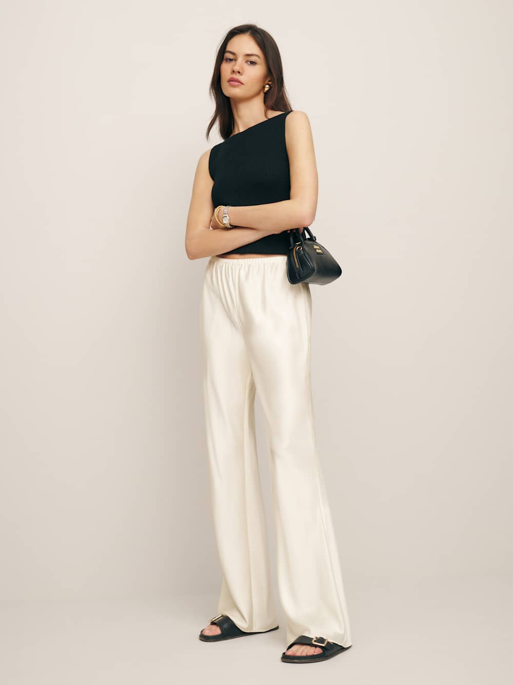 Reformation Petites Gale Satin Mid Rise Bias Pant - Fior Di Latte