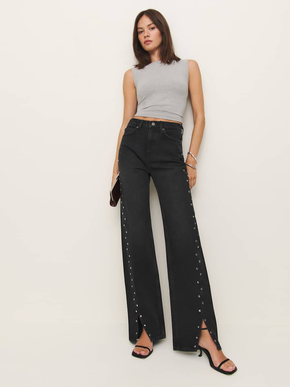 Reformation Cary High Rise Slouchy Straight Leg Jeans - Vana Vented Studded