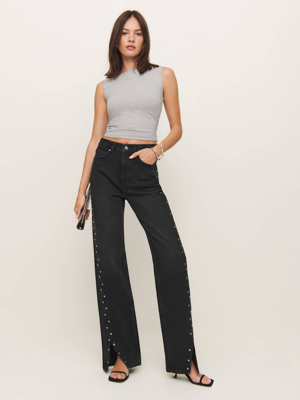 Reformation Cary High Rise Slouchy Straight Leg Jeans - Vana Vented Studded