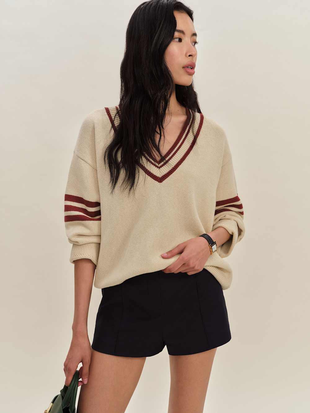 Reformation Sienna Oversized Cotton V Neck Sweater - Birch Chianti