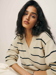 Reformation Sienna Oversized Cotton V Neck Sweater - Birch With Black Stripe