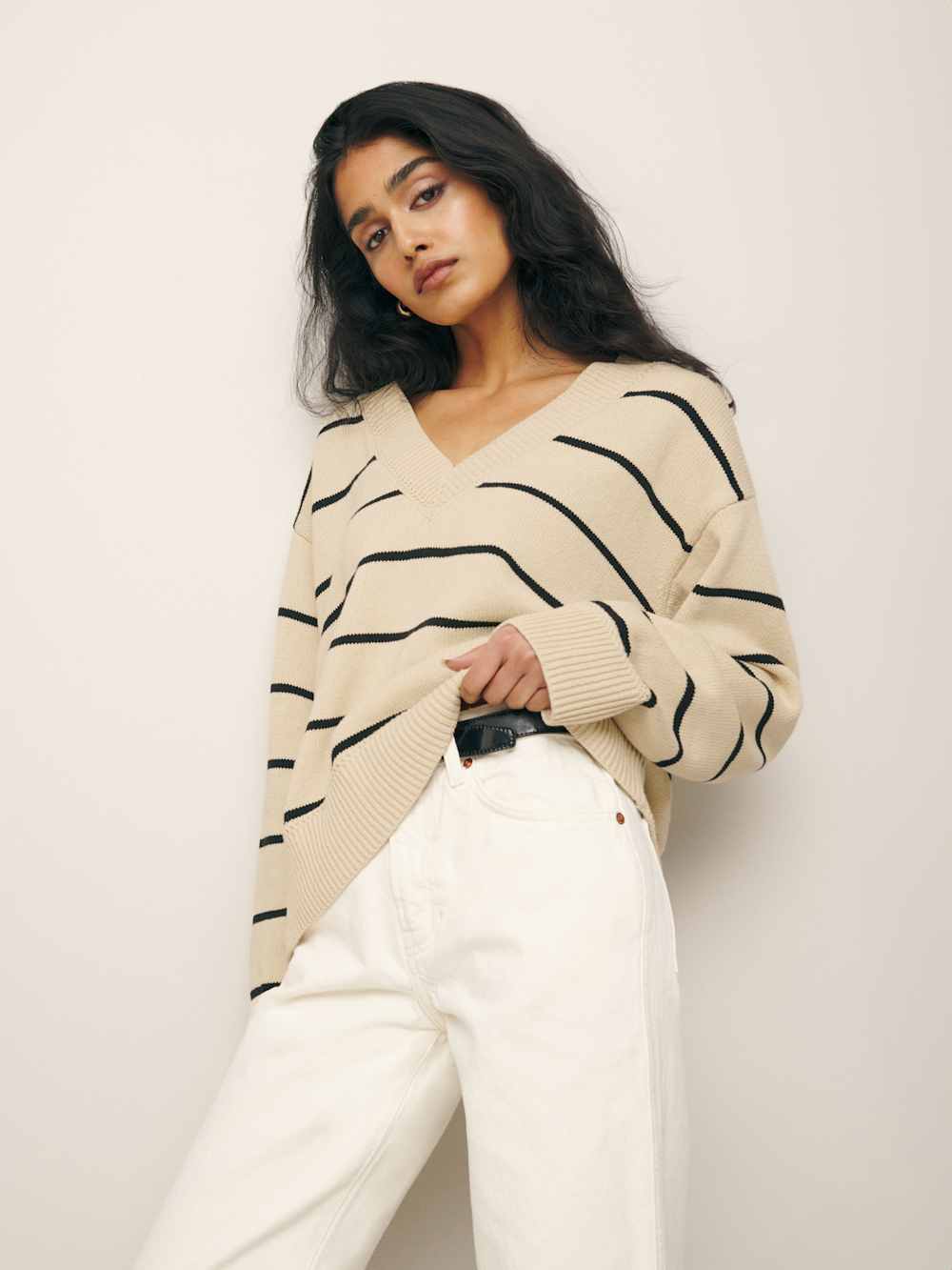 Reformation Sienna Oversized Cotton V Neck Sweater - Birch With Black Stripe