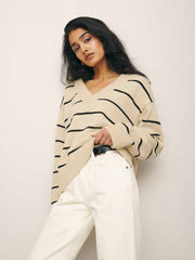 Reformation Sienna Oversized Cotton V Neck Sweater - Birch With Black Stripe