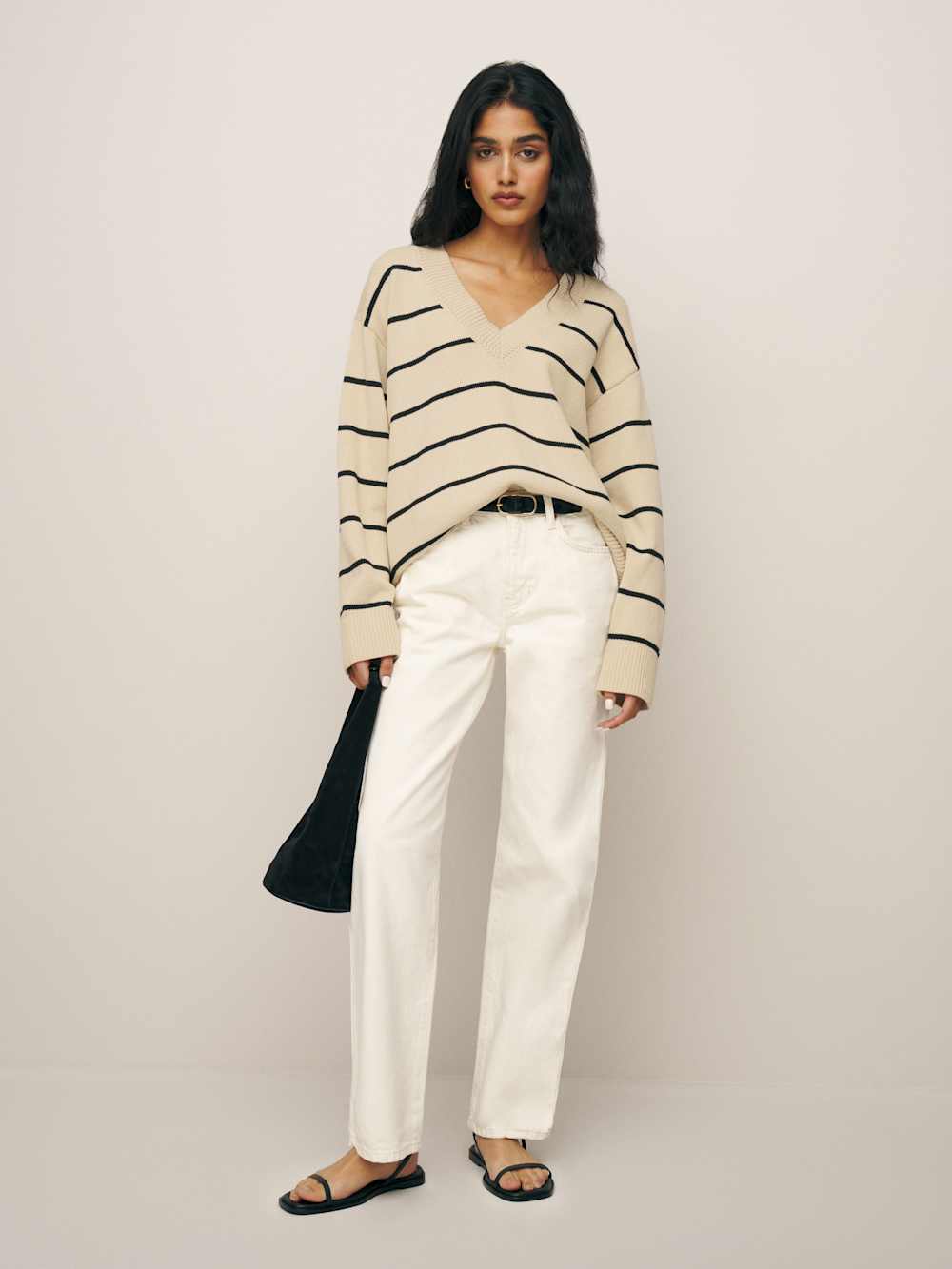 Reformation Sienna Oversized Cotton V Neck Sweater - Birch With Black Stripe