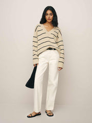 Reformation Sienna Oversized Cotton V Neck Sweater - Birch With Black Stripe