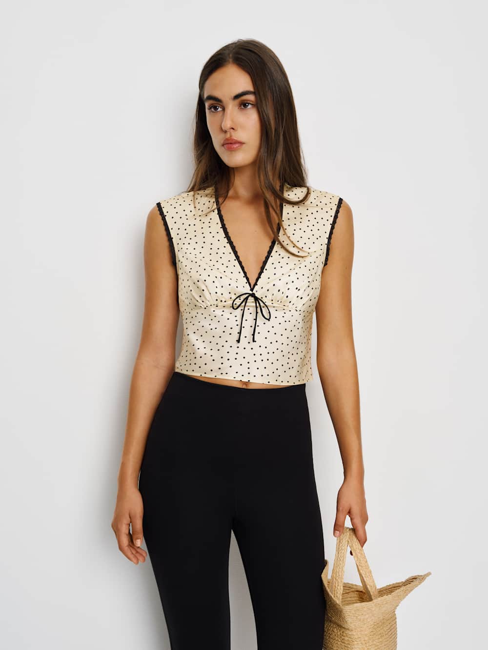 Reformation Cherry Silk Top - Salt And Pepper