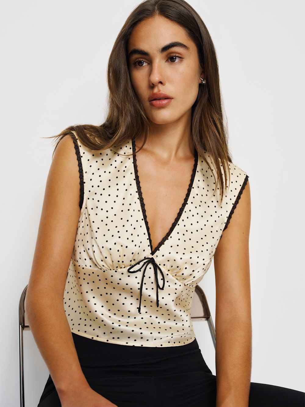 Reformation Cherry Silk Top - Salt And Pepper