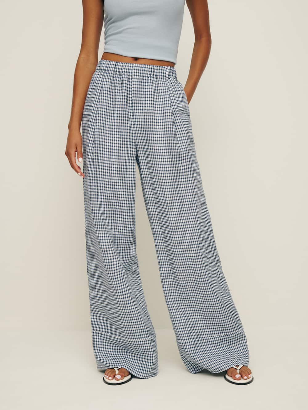 Reformation Fernando Linen Wide Leg Pant - Slate Check