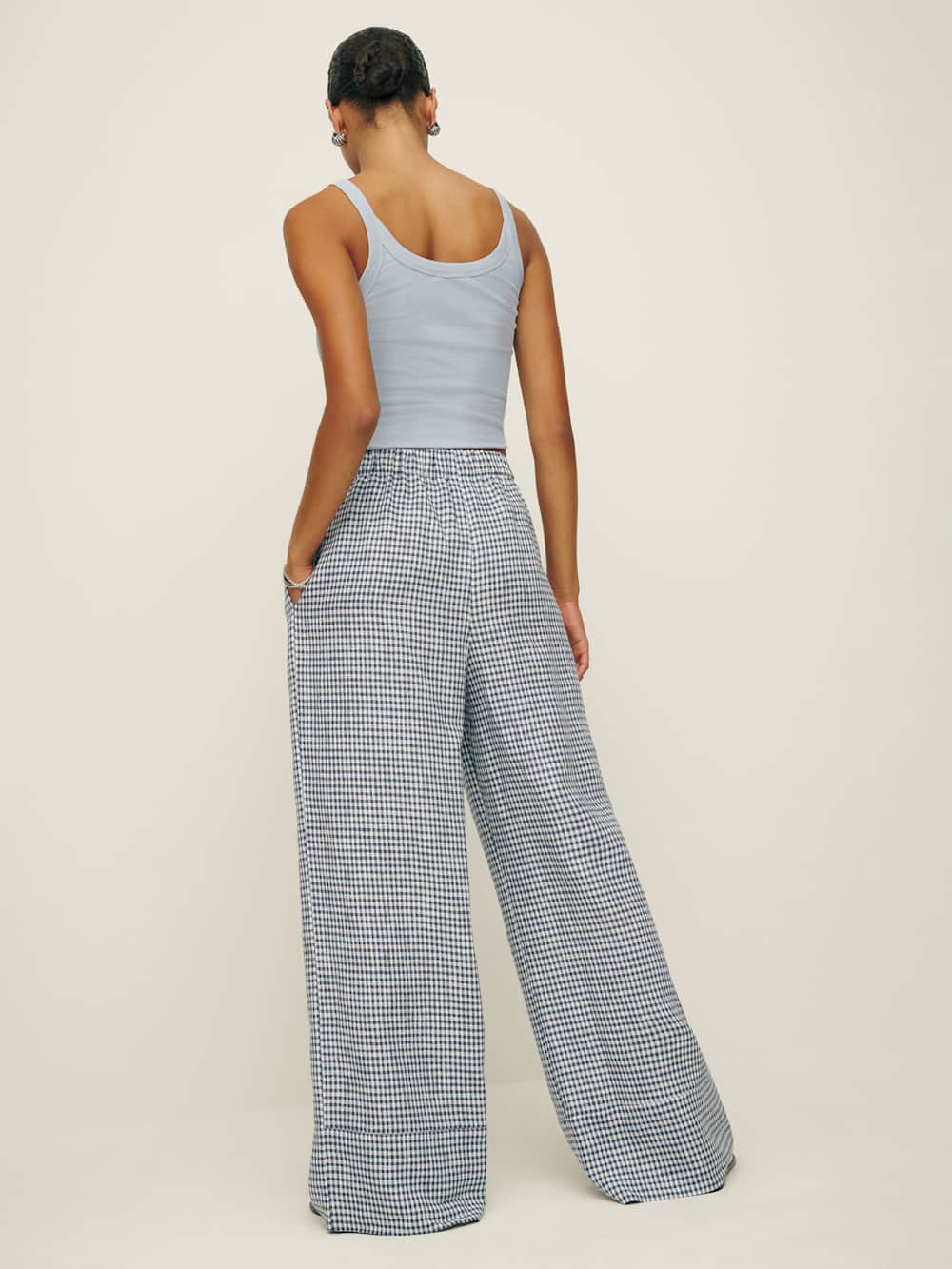 Reformation Fernando Linen Wide Leg Pant - Slate Check