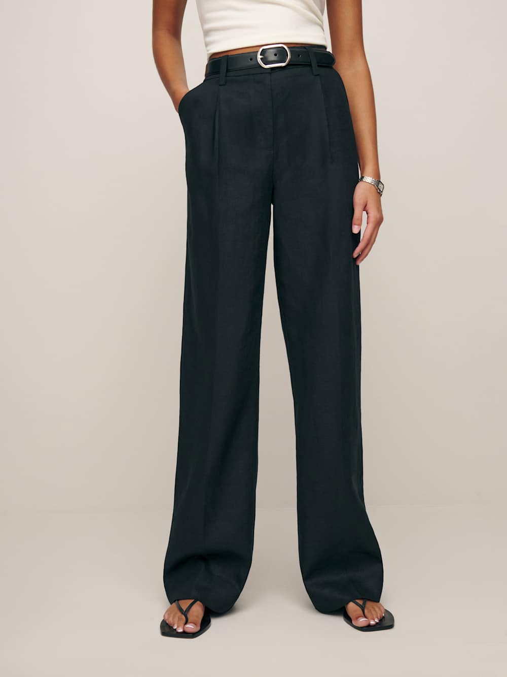 Reformation Petites Alex Linen Mid Rise Pant - Black