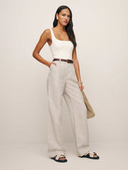 Reformation Petites Alex Linen Mid Rise Pant - Oatmeal