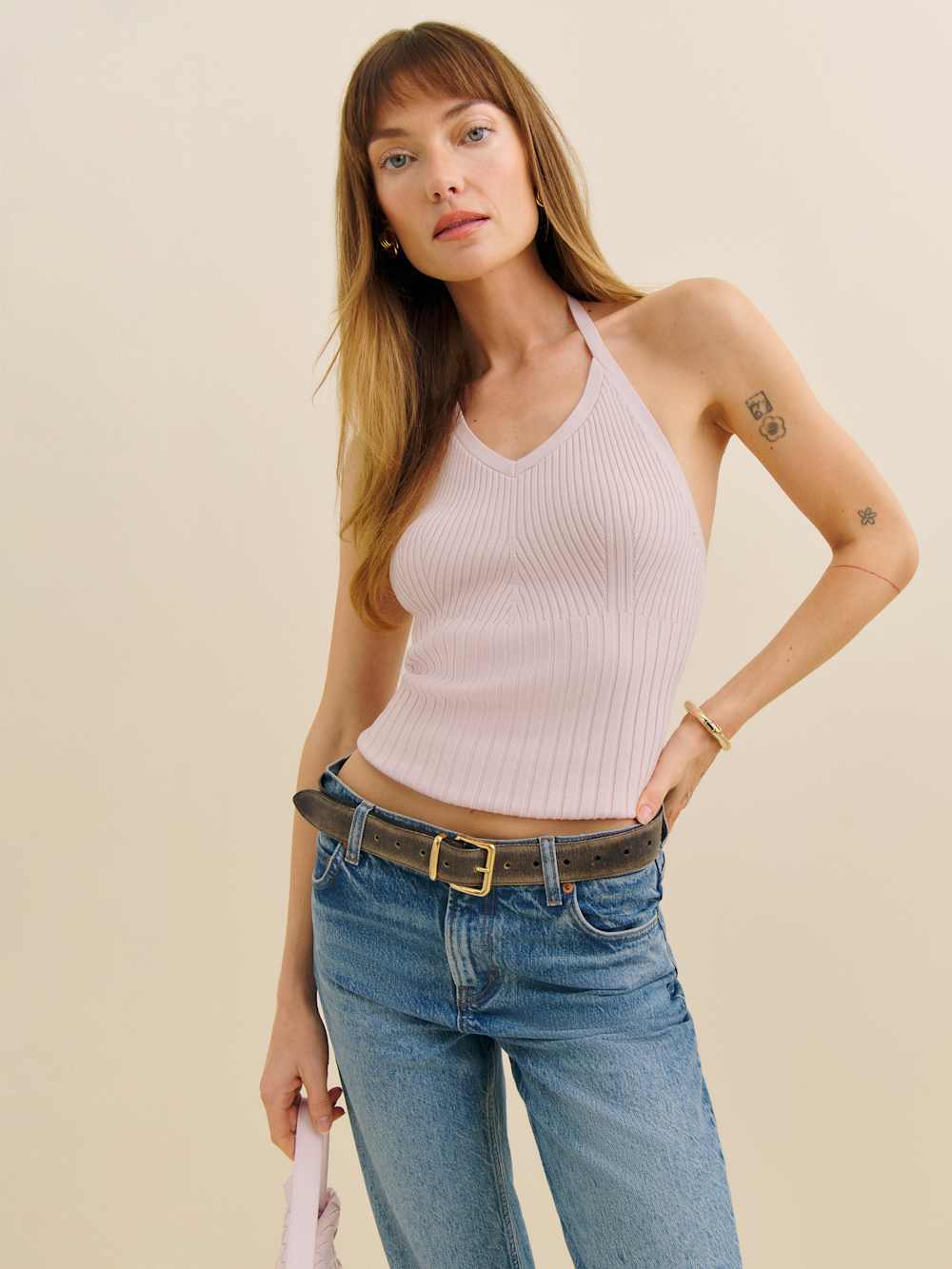 Reformation Delia Ribbed Halter Top - Cherry Blossom