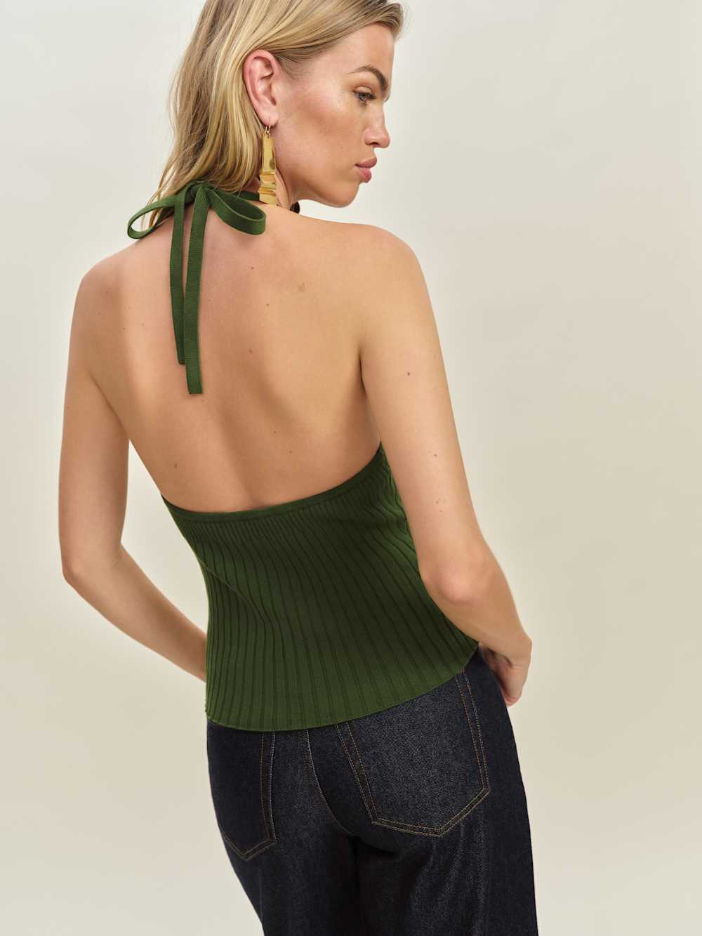 Reformation Delia Ribbed Halter Top - Grass