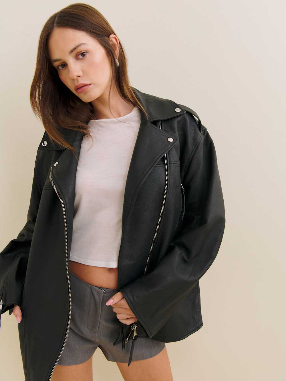 Reformation Veda Doyer Leather Jacket - Black Pebble