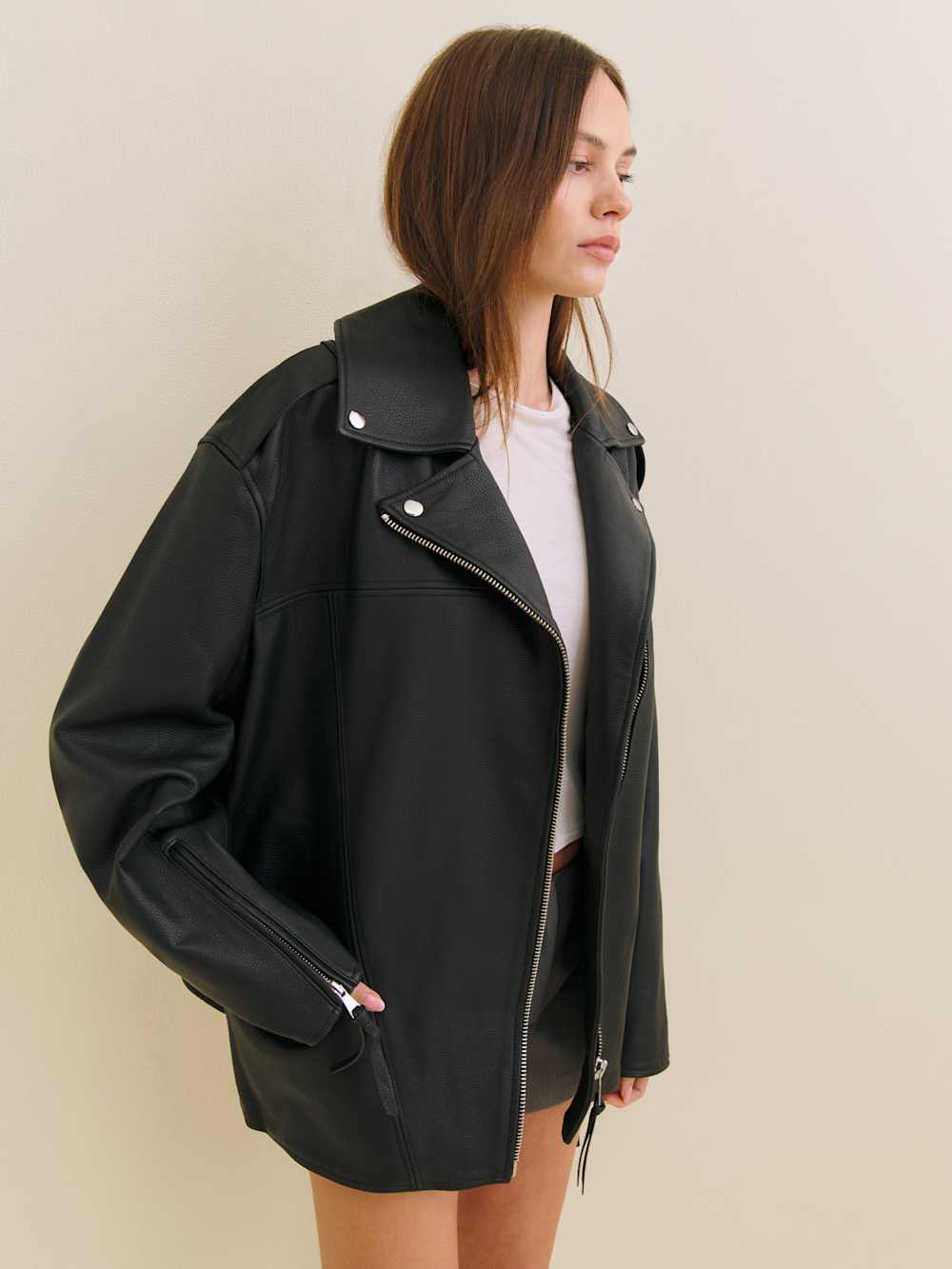 Reformation Veda Doyer Leather Jacket - Black Pebble