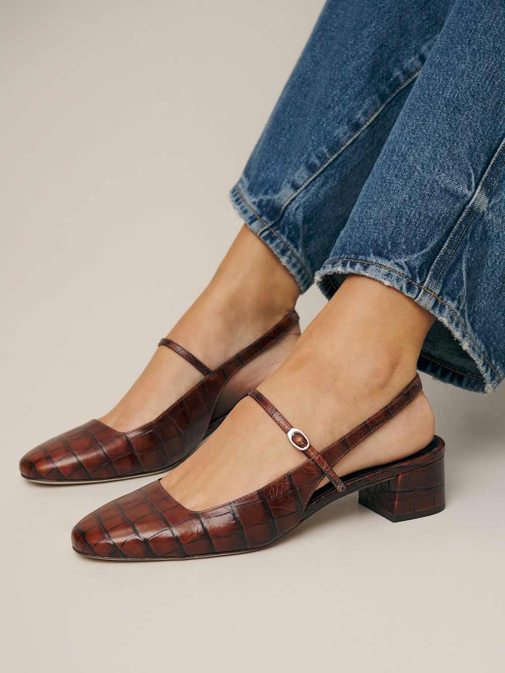 Reformation Maddox Slingback Heel - Brown Croc-effect