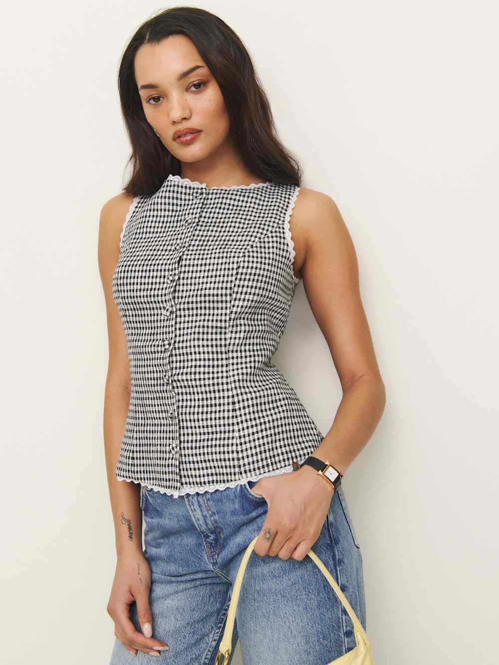 Reformation Amela Linen Top - Remy Check